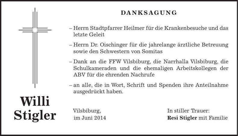 Traueranzeige Willi Stigler