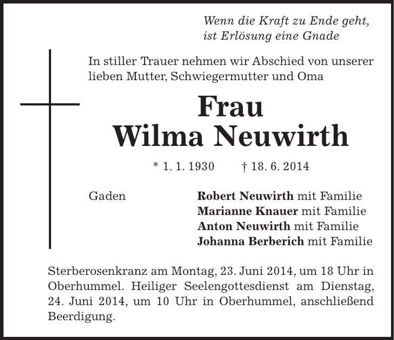 Traueranzeige Wilma Neuwirth