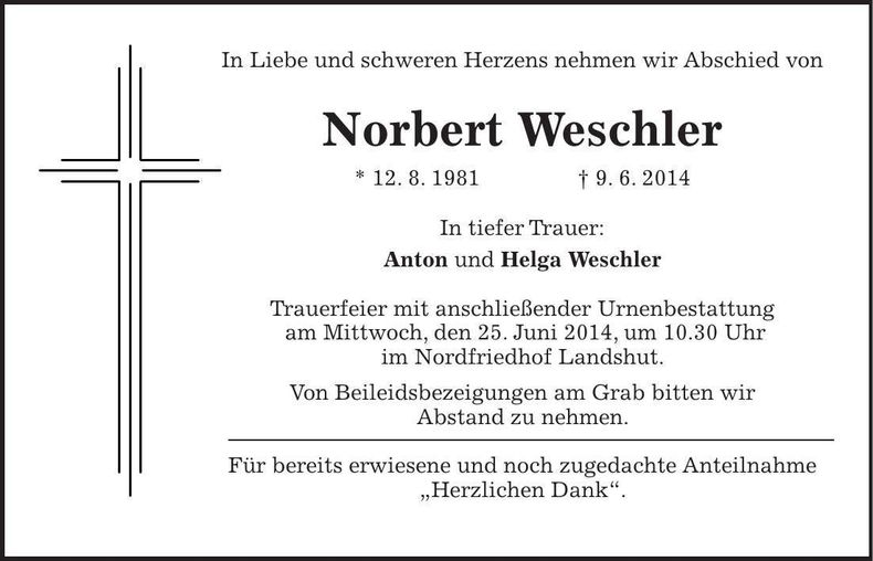 Traueranzeige Norbert Weschler
