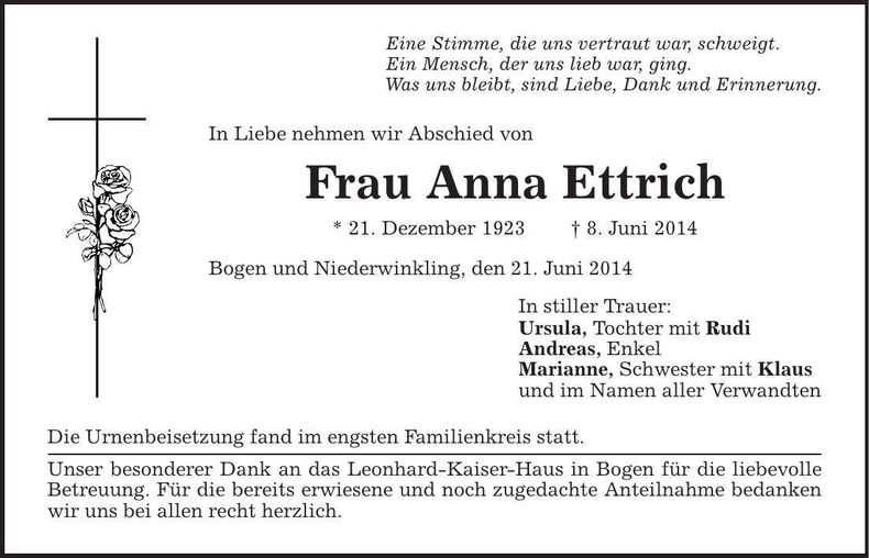 Traueranzeige Anna Ettrich