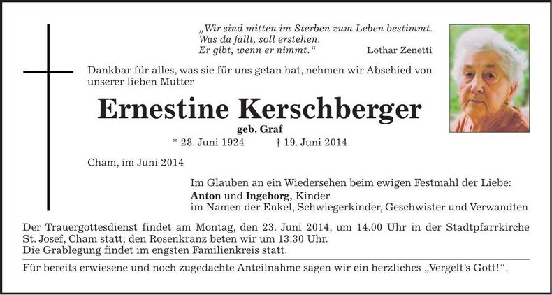 Traueranzeige Ernestine Kerschberger