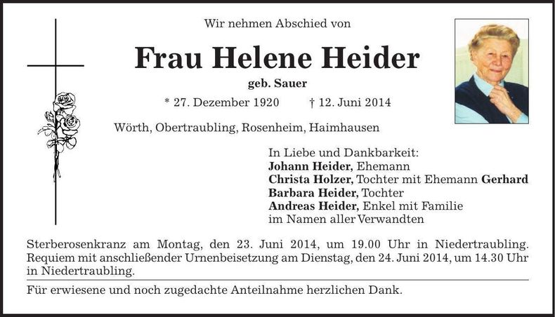 Traueranzeige Helene Heider