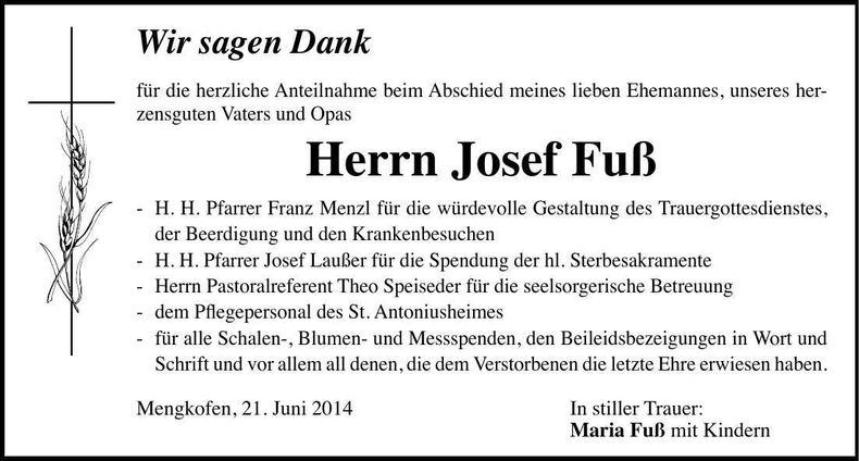 Traueranzeige Josef Fuß