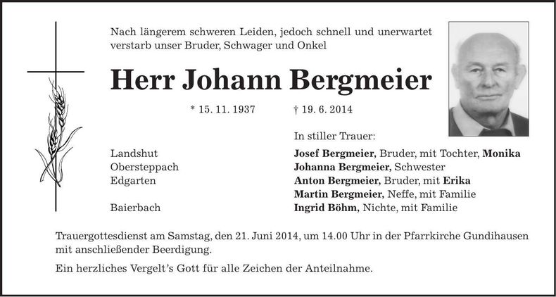 Traueranzeige Johann Bergmeier