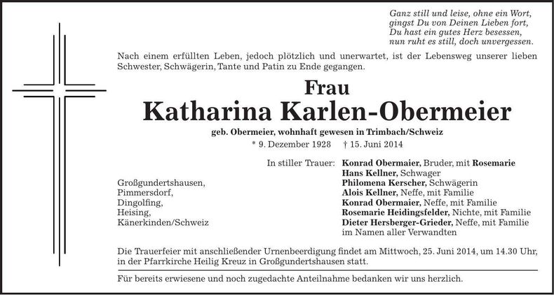Traueranzeige Katharina Karlen-Obermeier