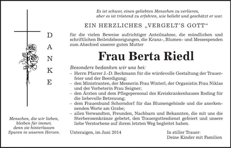 Traueranzeige Berta Riedl
