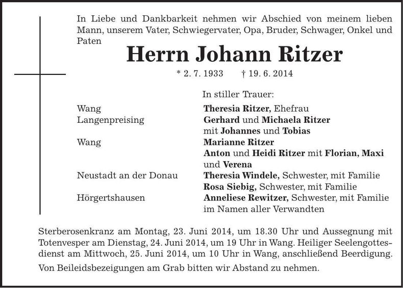 Traueranzeige Johann Ritzer