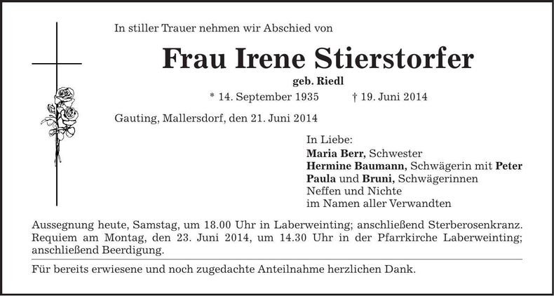 Traueranzeige Irene Stierstorfer