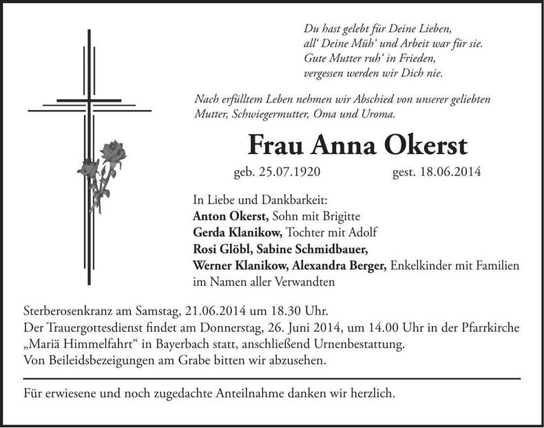 Traueranzeige Anna Okerst