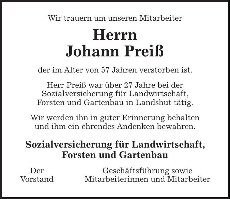 Traueranzeige Johann Preiss
