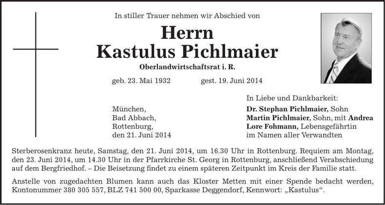 Traueranzeige Kastulus Pichlmaier