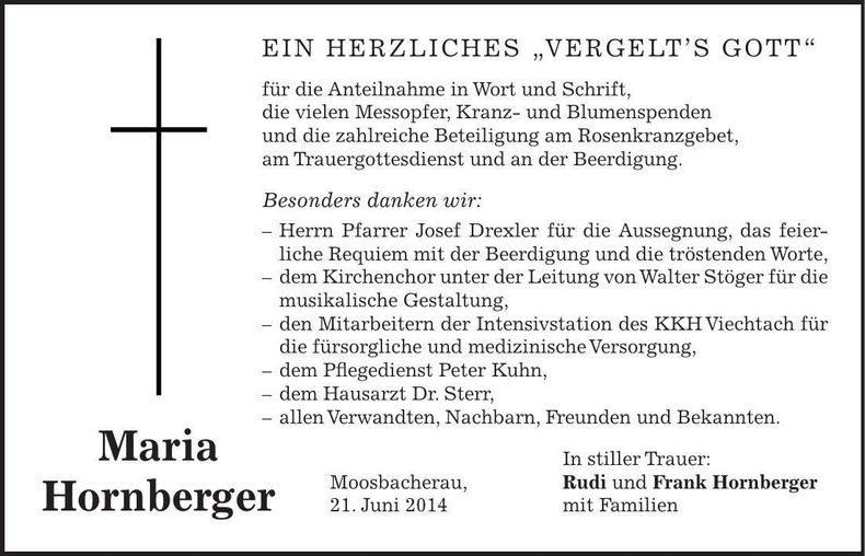 Traueranzeige Maria Hornberger