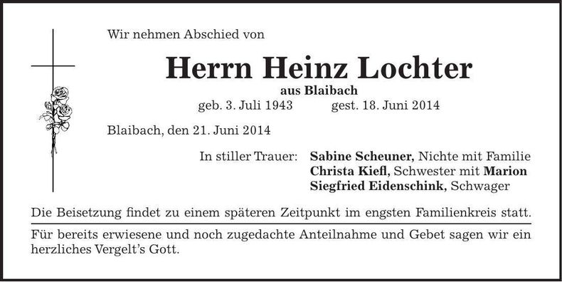 Traueranzeige Heinz Lochter