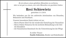 Traueranzeige Resi Schiewietz