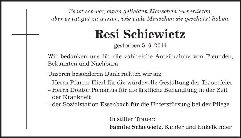 Traueranzeige Resi Schiewietz