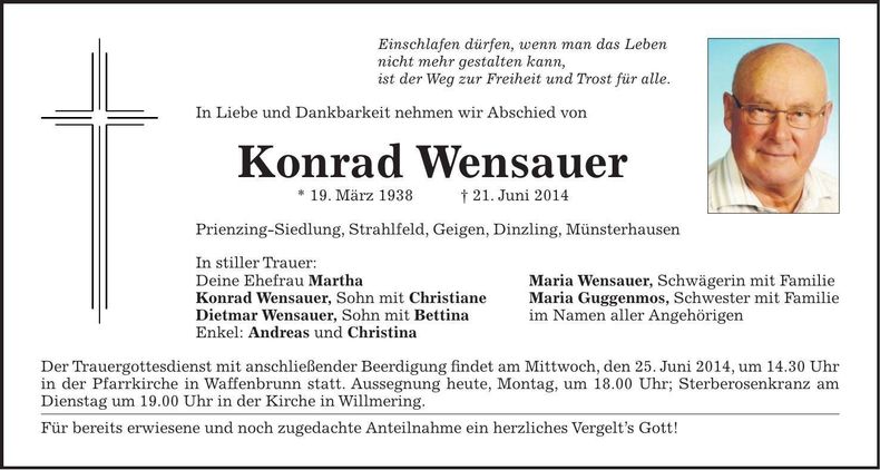 Traueranzeige Konrad Wensauer