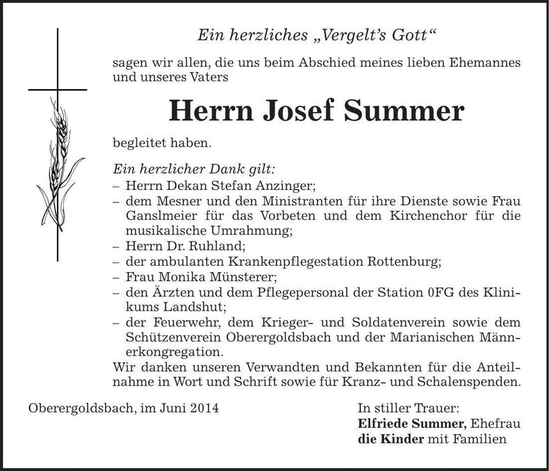 Traueranzeige Josef Summer
