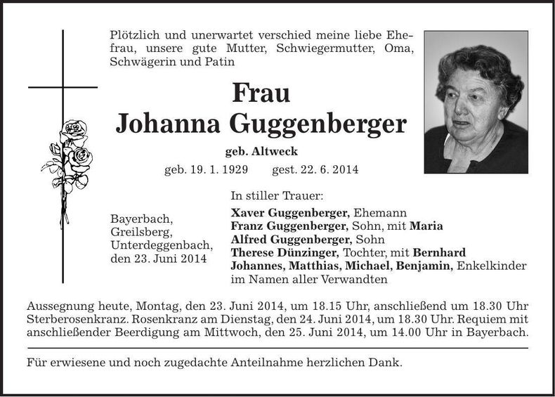 Traueranzeige Johanna Guggenberger