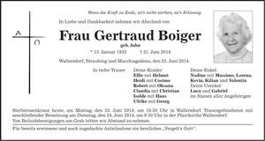 Traueranzeige Gertraud Boiger