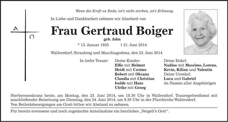 Traueranzeige Gertraud Boiger