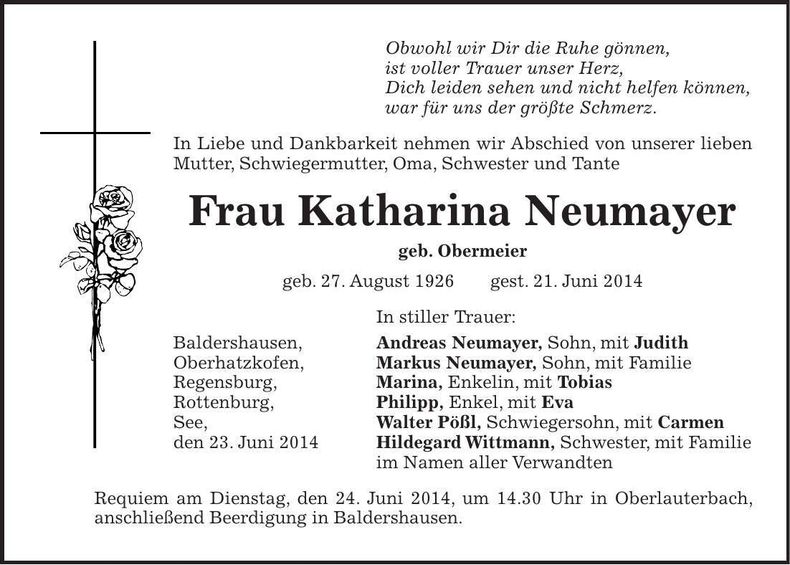 Traueranzeige Katharina Neumayer