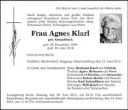 Traueranzeige Agnes Klarl