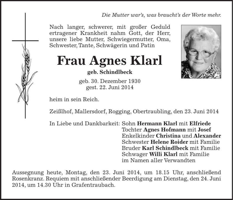 Traueranzeige Agnes Klarl