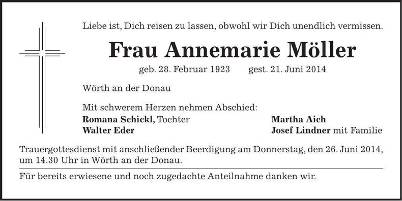 Traueranzeige Annemarie Möller