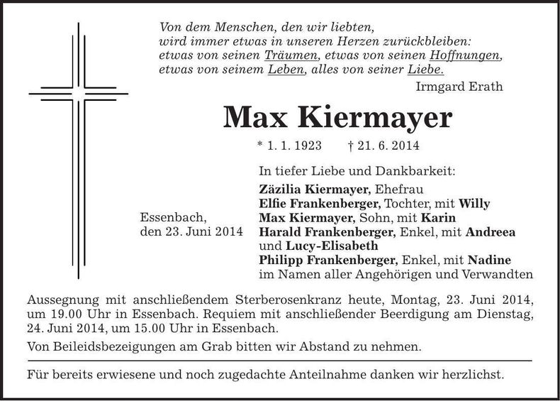 Traueranzeige Max Kiermayer