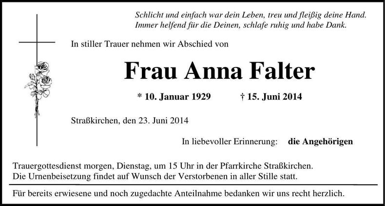 Traueranzeige Anna Falter
