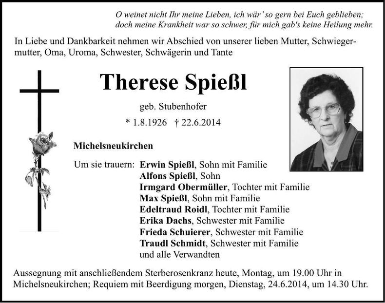Traueranzeige Therese Spießl