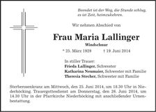 Traueranzeige Maria Lallinger