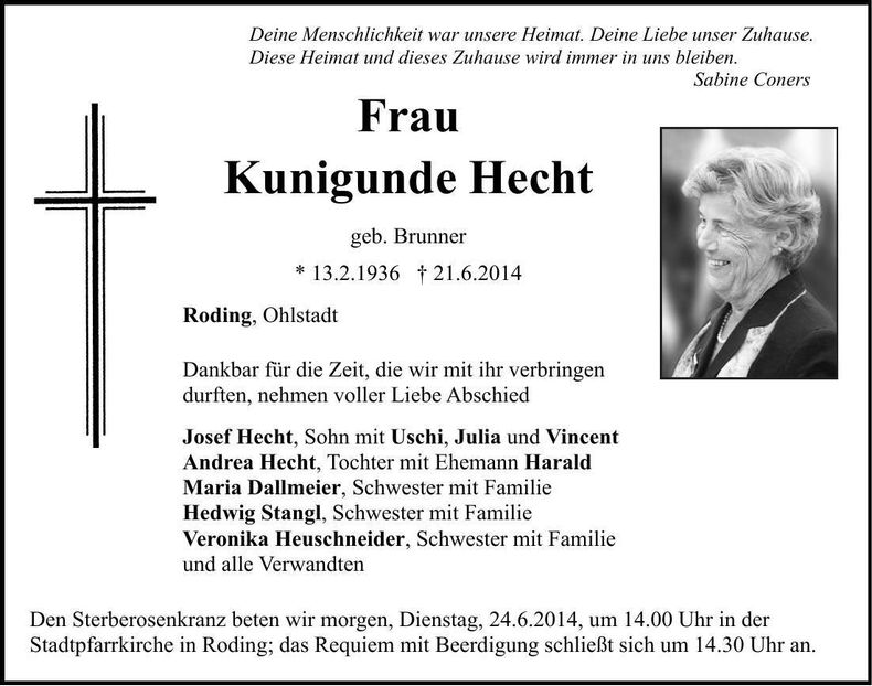 Traueranzeige Kunigunde Hecht