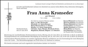 Traueranzeige Anna Kronseder