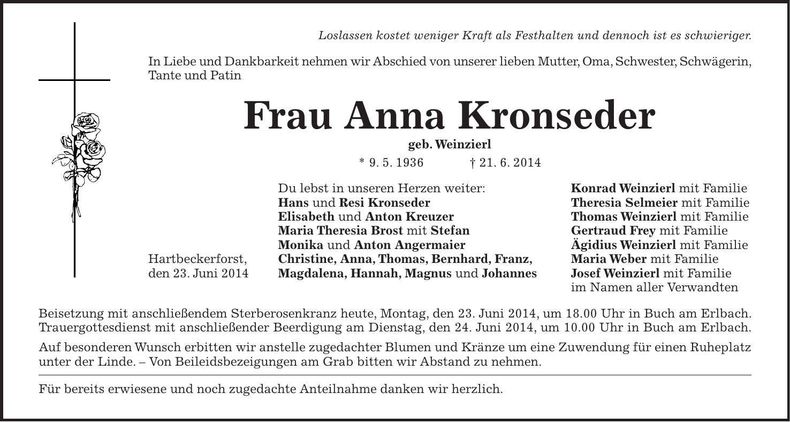Traueranzeige Anna Kronseder