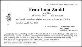 Traueranzeige Lina Zankl