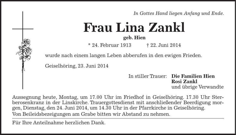 Traueranzeige Lina Zankl