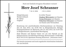Traueranzeige Josef Schranner