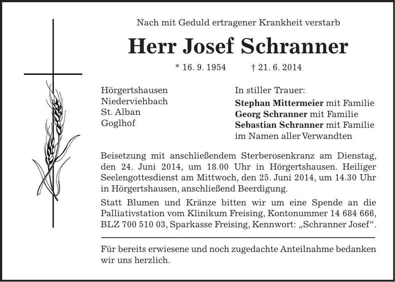 Traueranzeige Josef Schranner