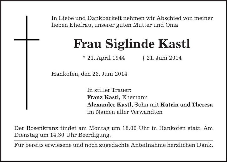 Traueranzeige Siglinde Kastl