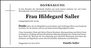 Traueranzeige Hildegard Saller