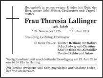 Traueranzeige Theresia Lallinger