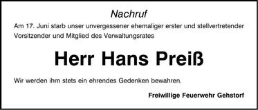 Traueranzeige Hans Preiß