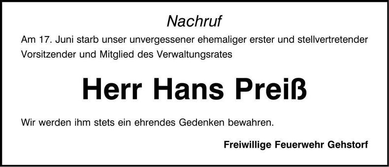 Traueranzeige Hans Preiß