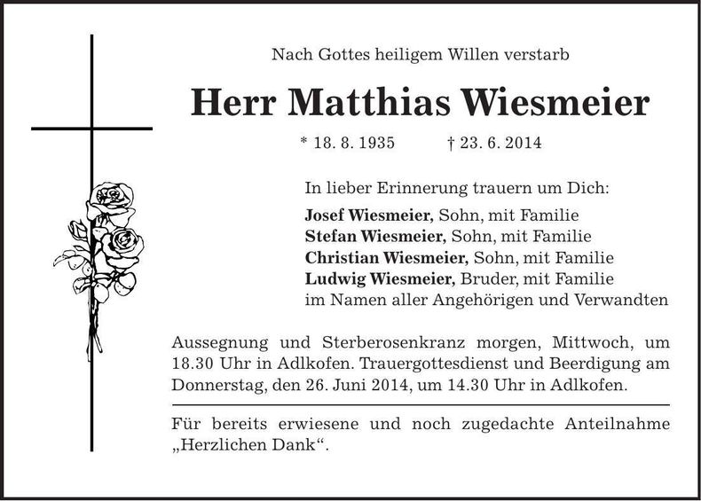 Traueranzeige Matthias Wiesmeier