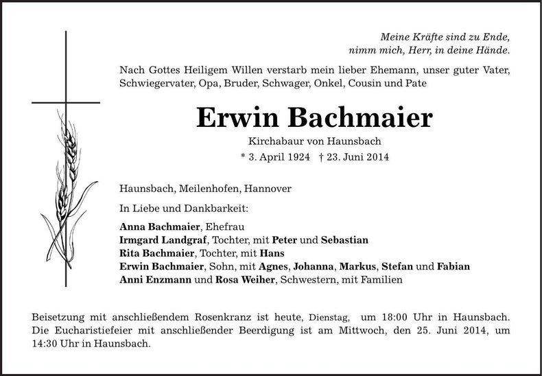 Traueranzeige Erwin Bachmaier