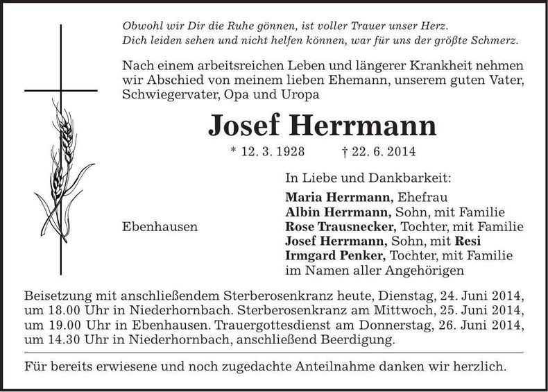 Traueranzeige Josef Herrmann