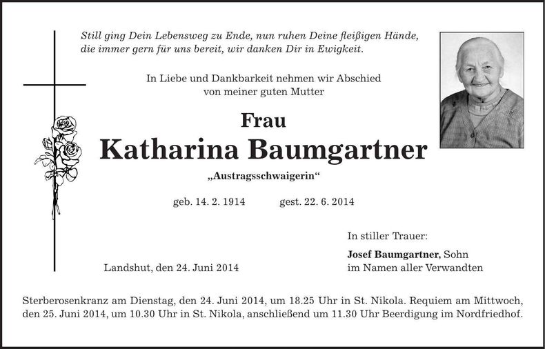 Traueranzeige Katharina Baumgartner