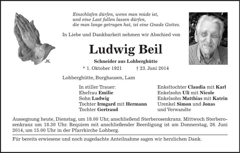 Traueranzeige Ludwig Beil