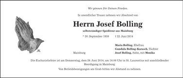 Traueranzeige Josef Bolling